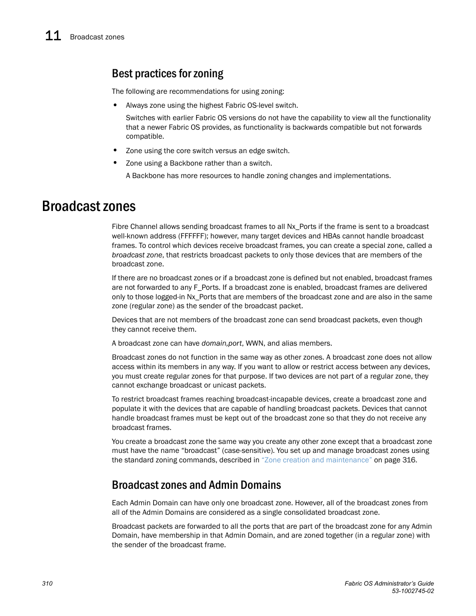 Best practices for zoning, Broadcast zones, Broadcast zones and admin domains | Dell POWEREDGE M1000E User Manual | Page 310 / 666