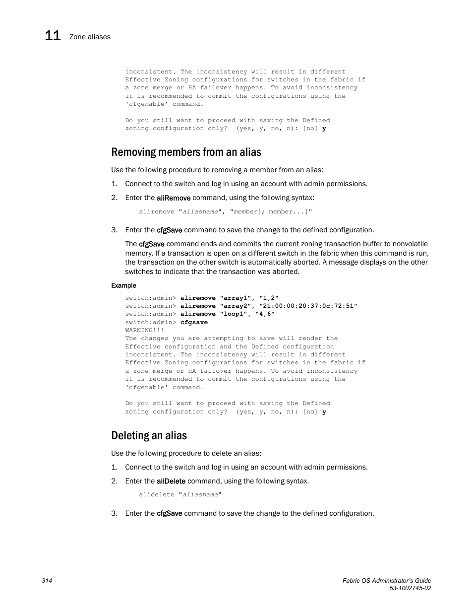 Removing members from an alias, Deleting an alias | Dell POWEREDGE M1000E User Manual | Page 314 / 666