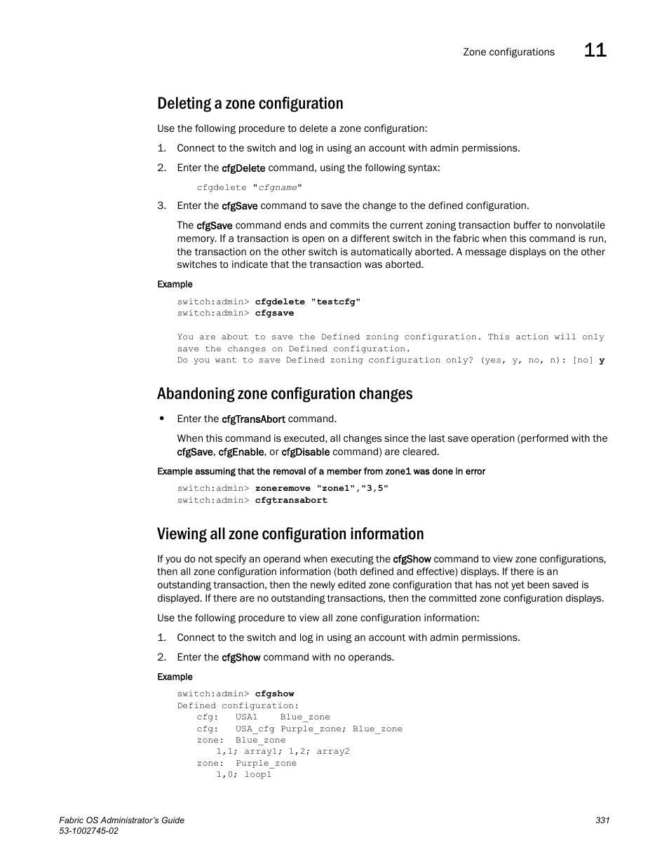Deleting a zone configuration, Abandoning zone configuration changes, Viewing all zone configuration information | Dell POWEREDGE M1000E User Manual | Page 331 / 666