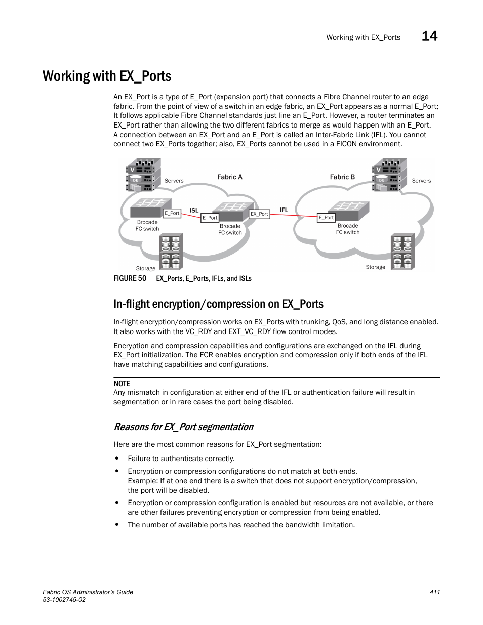 Working with ex_ports, In-flight encryption/compression on ex_ports, Reasons for ex_port segmentation | Figure 50, Ex_ports, e_ports | Dell POWEREDGE M1000E User Manual | Page 411 / 666