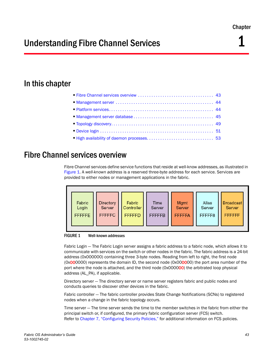Understanding fibre channel services, Fibre channel services overview, Chapter 1 | Figure 1, Well-known addre, Chapter 1, “understanding fibre channel services | Dell POWEREDGE M1000E User Manual | Page 43 / 666