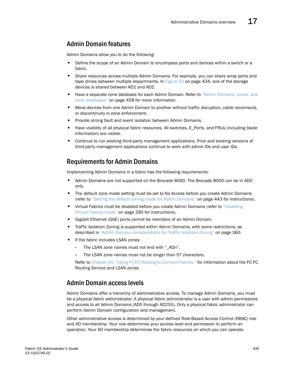 Admin domain features, Requirements for admin domains, Admin domain access levels | Dell POWEREDGE M1000E User Manual | Page 435 / 666