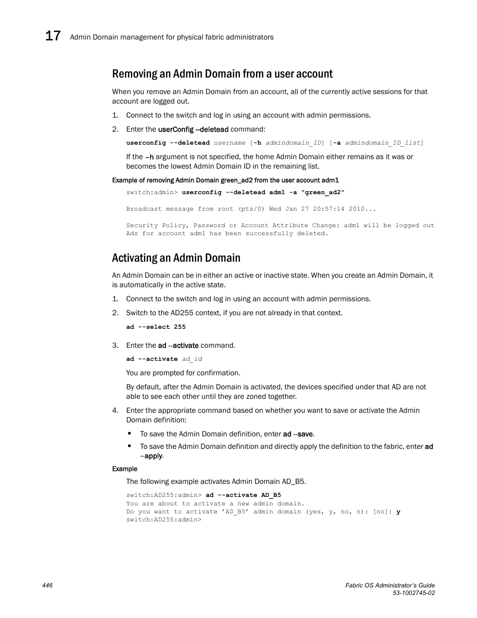 Removing an admin domain from a user account, Activating an admin domain | Dell POWEREDGE M1000E User Manual | Page 446 / 666