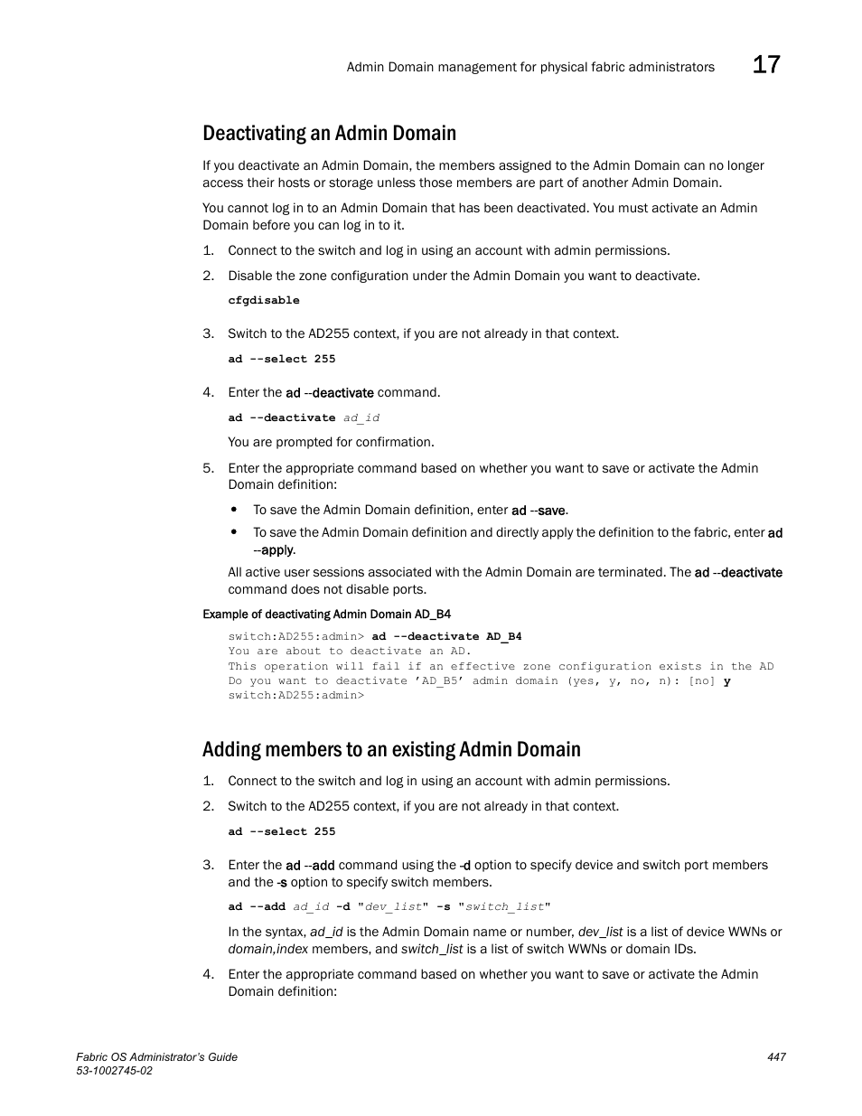 Deactivating an admin domain, Adding members to an existing admin domain | Dell POWEREDGE M1000E User Manual | Page 447 / 666