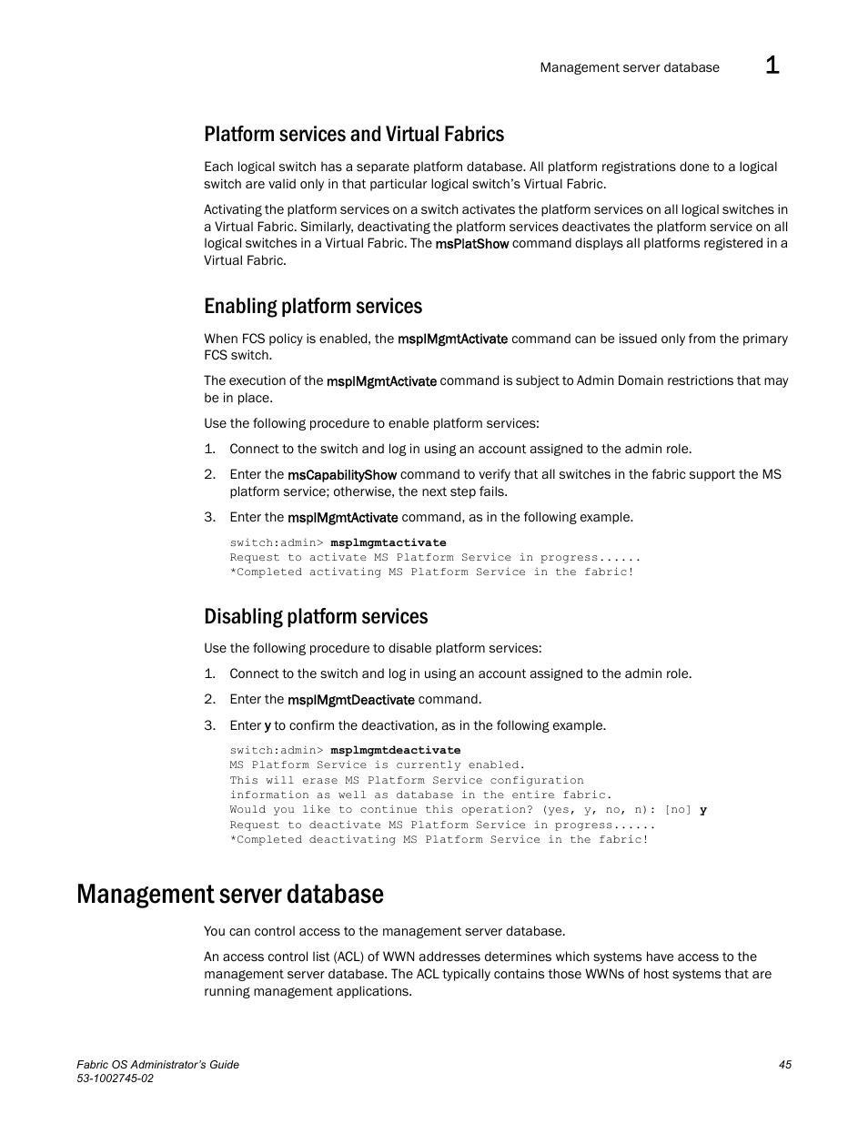 Platform services and virtual fabrics, Enabling platform services, Disabling platform services | Management server database | Dell POWEREDGE M1000E User Manual | Page 45 / 666