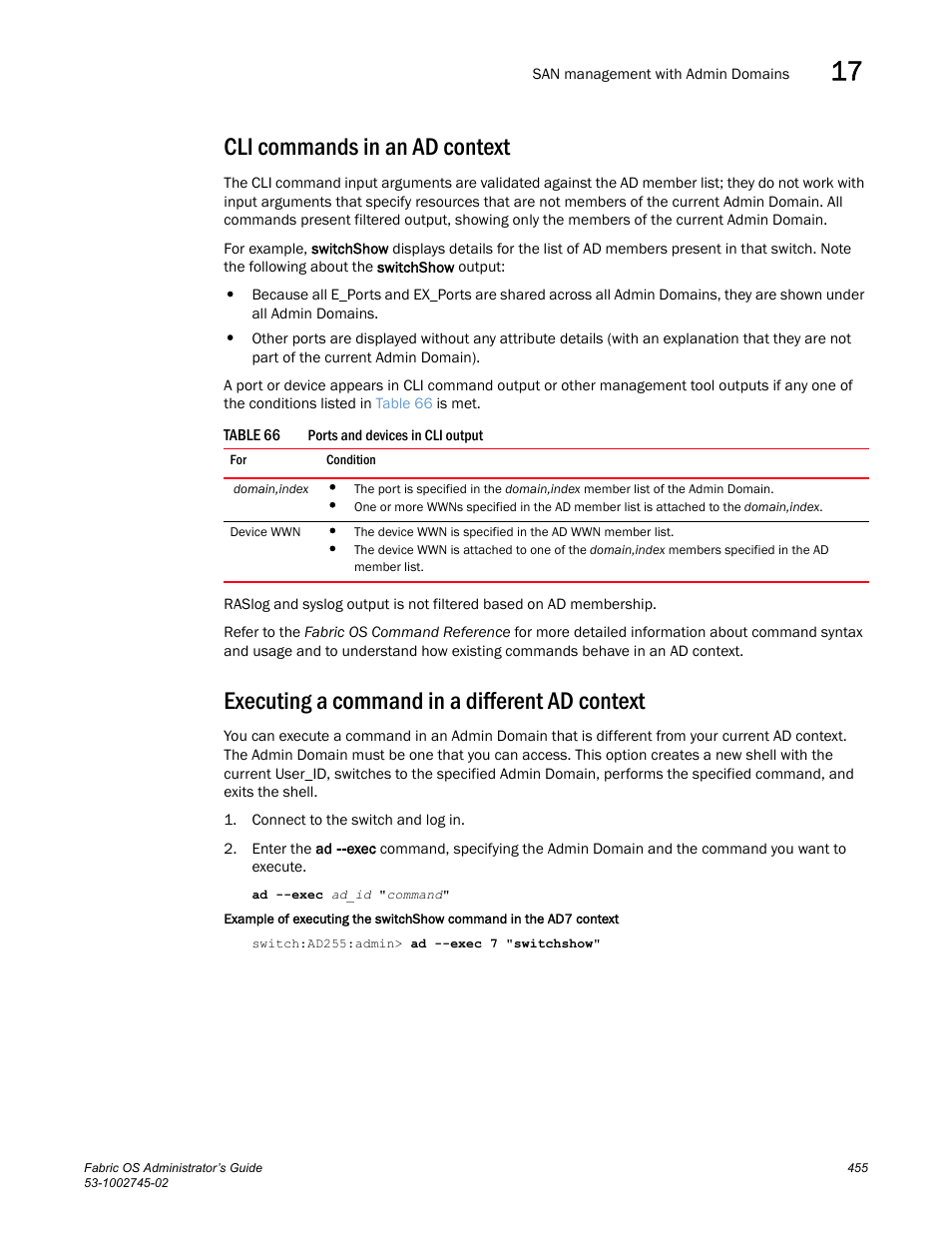 Cli commands in an ad context, Executing a command in a different ad context, Table 66 | Dell POWEREDGE M1000E User Manual | Page 455 / 666