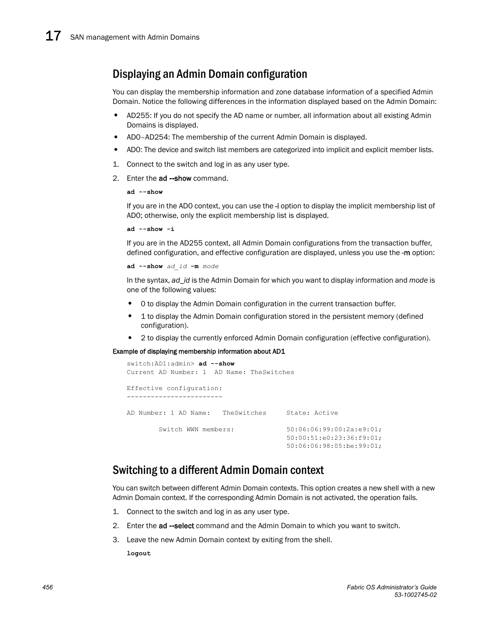 Displaying an admin domain configuration, Switching to a different admin domain context | Dell POWEREDGE M1000E User Manual | Page 456 / 666