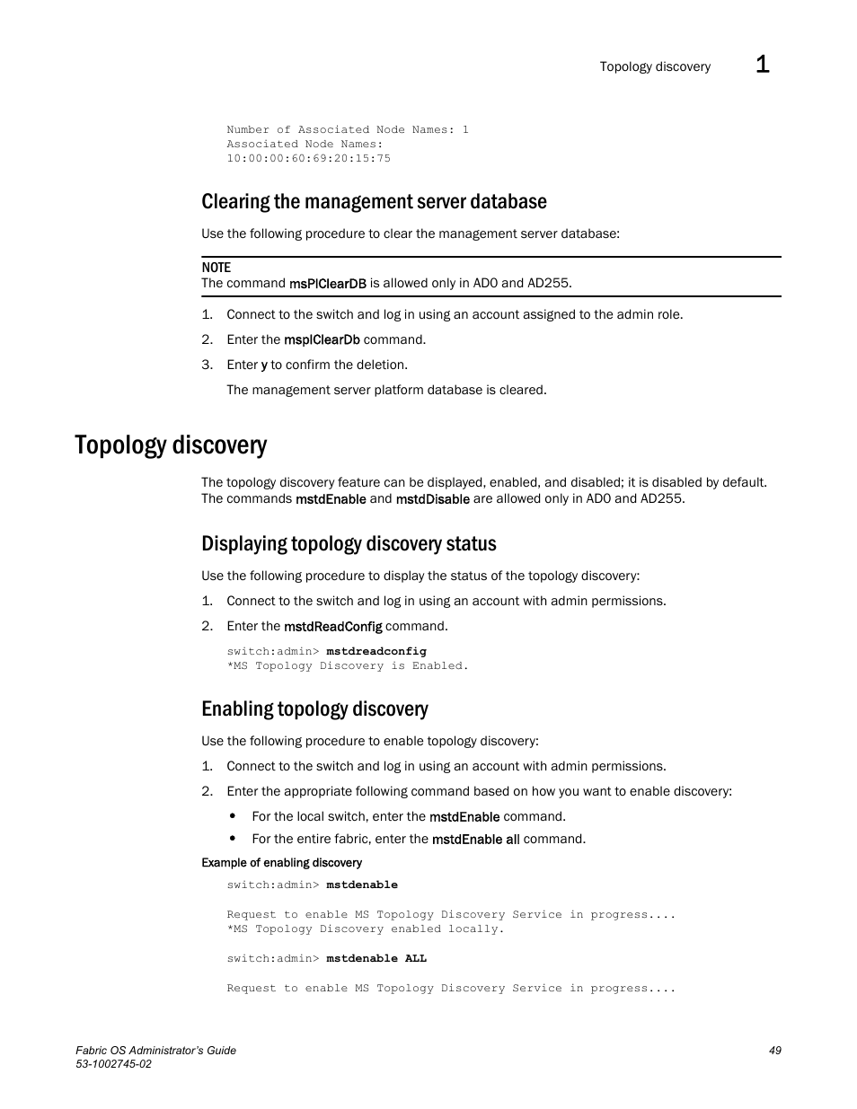 Clearing the management server database, Topology discovery, Displaying topology discovery status | Enabling topology discovery | Dell POWEREDGE M1000E User Manual | Page 49 / 666