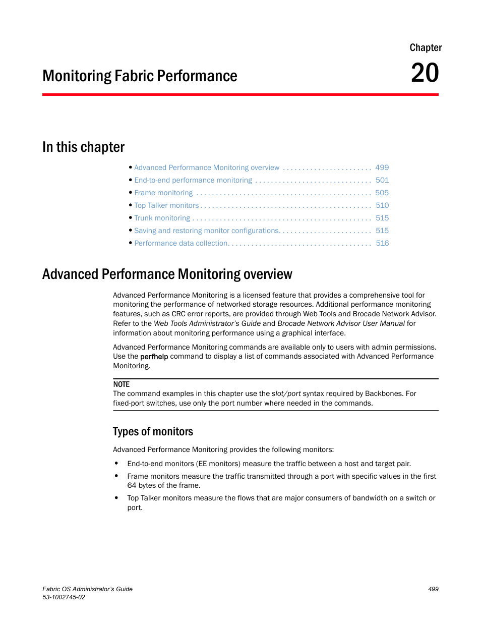 Monitoring fabric performance, Advanced performance monitoring overview, Types of monitors | Chapter 20, Chapter 20, “monitoring fabric performance | Dell POWEREDGE M1000E User Manual | Page 499 / 666