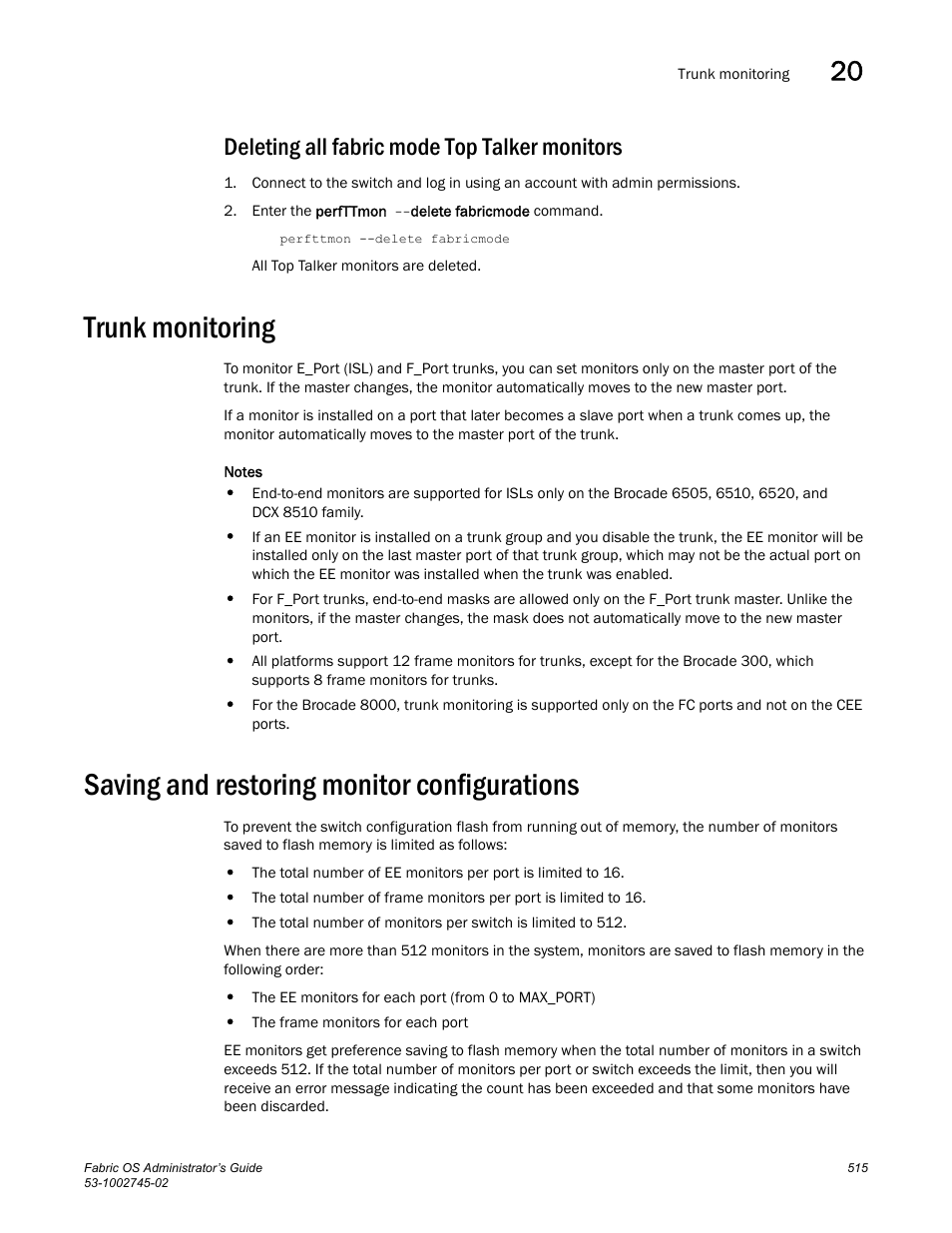 Deleting all fabric mode top talker monitors, Trunk monitoring, Saving and restoring monitor configurations | Dell POWEREDGE M1000E User Manual | Page 515 / 666