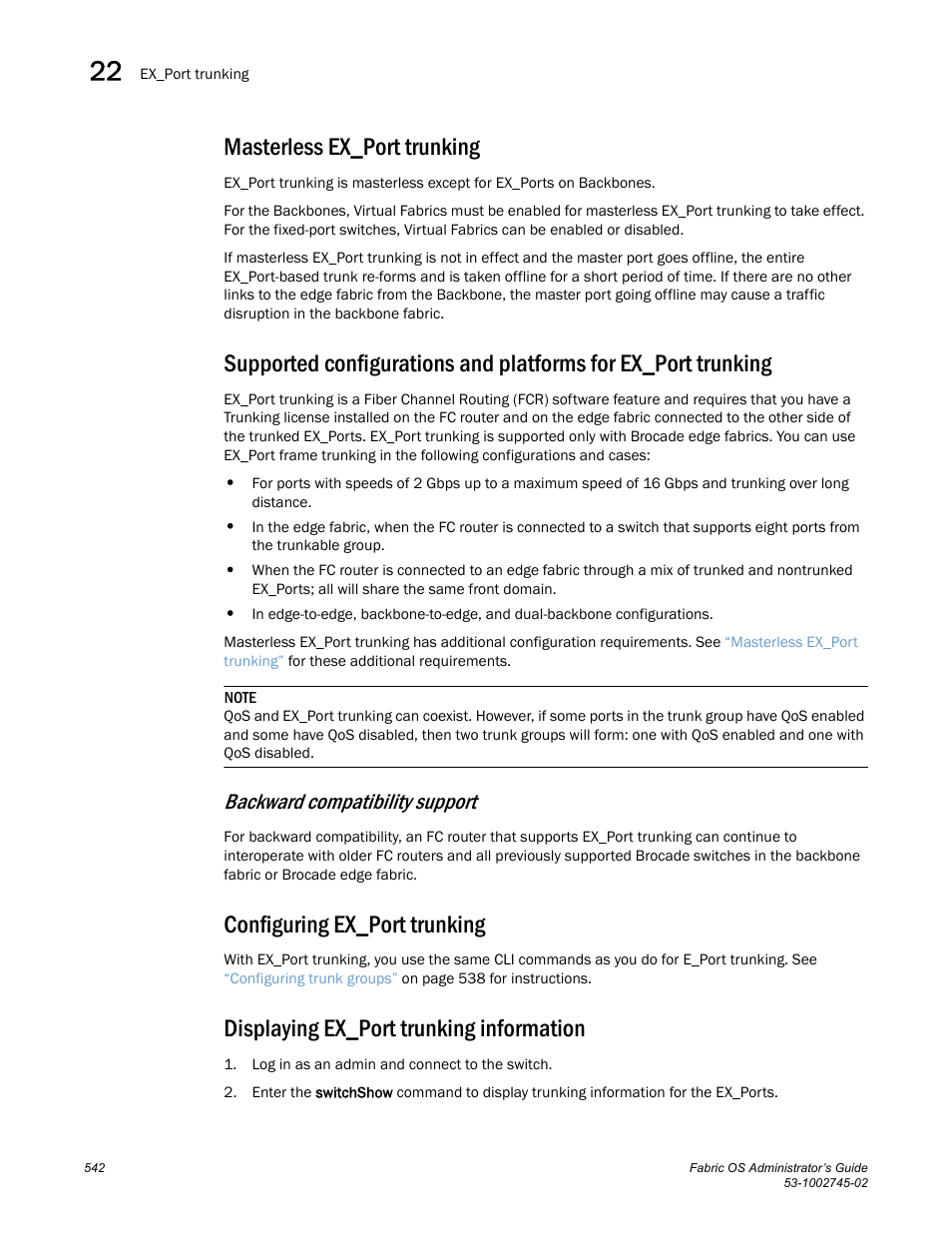 Masterless ex_port trunking, Backward compatibility support, Configuring ex_port trunking | Displaying ex_port trunking information | Dell POWEREDGE M1000E User Manual | Page 542 / 666