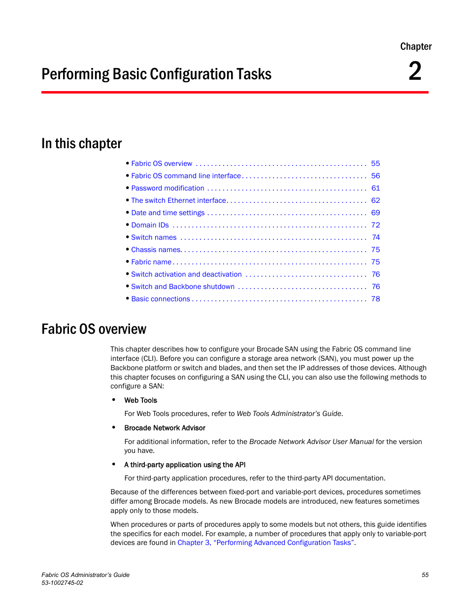 Performing basic configuration tasks, Fabric os overview, Chapter 2 | Chapter 2, “performing basic configuration tasks | Dell POWEREDGE M1000E User Manual | Page 55 / 666