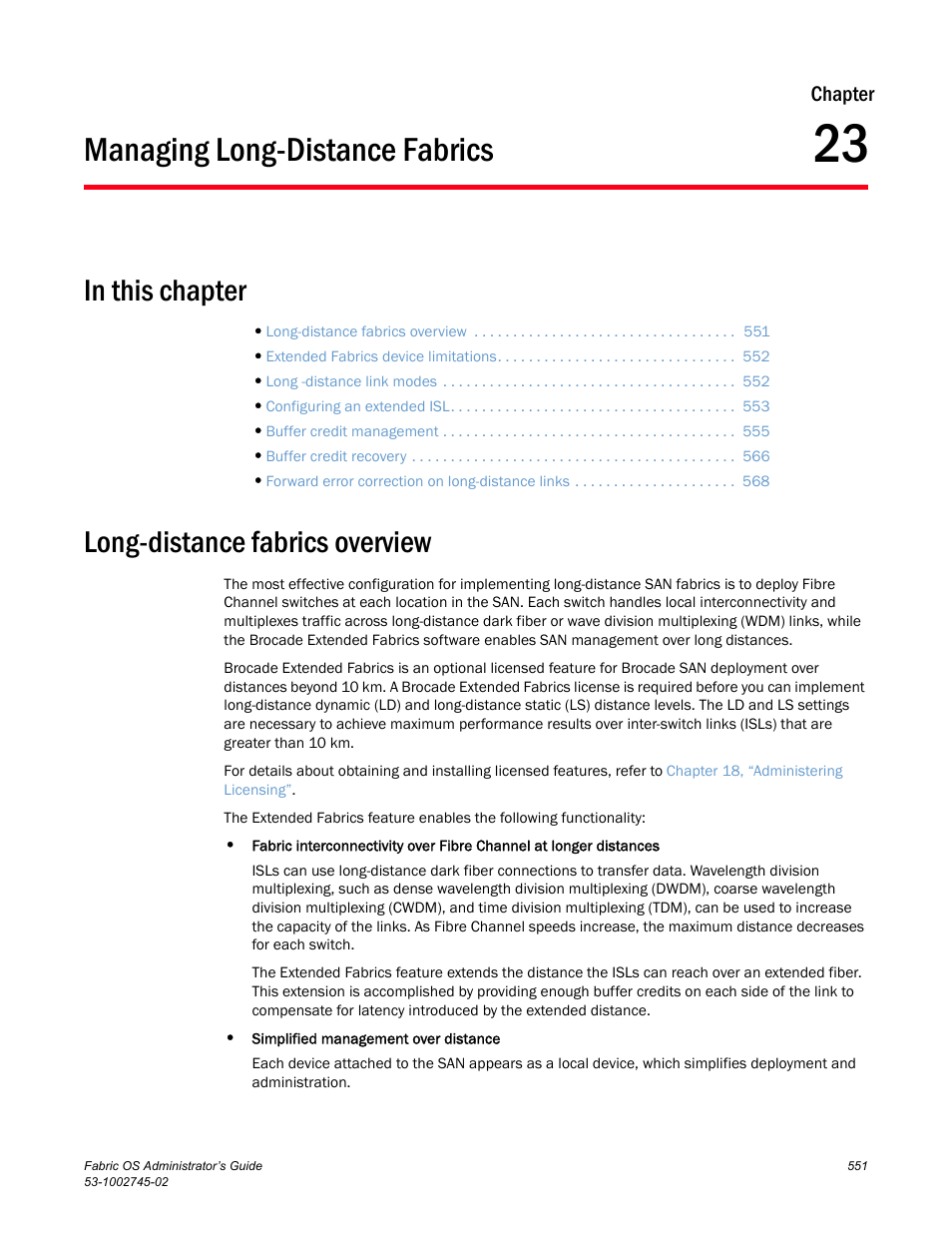 Managing long-distance fabrics, Long-distance fabrics overview, Chapter 23 | Chapter 23, “managing long-distance fabrics, Chapter, 23, “managing long-distance fabrics | Dell POWEREDGE M1000E User Manual | Page 551 / 666