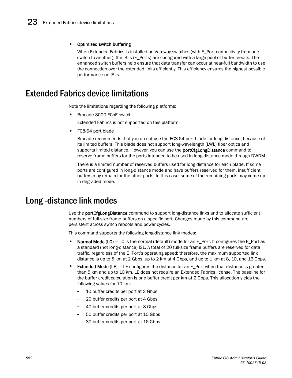 Extended fabrics device limitations, Long -distance link modes | Dell POWEREDGE M1000E User Manual | Page 552 / 666