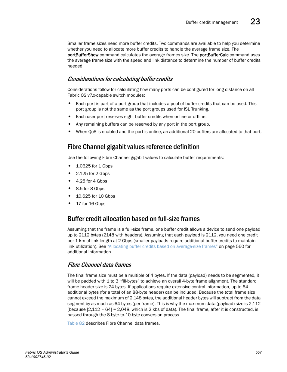 Considerations for calculating buffer credits, Fibre channel gigabit values reference definition, Buffer credit allocation based on full-size frames | Fibre channel data frames | Dell POWEREDGE M1000E User Manual | Page 557 / 666
