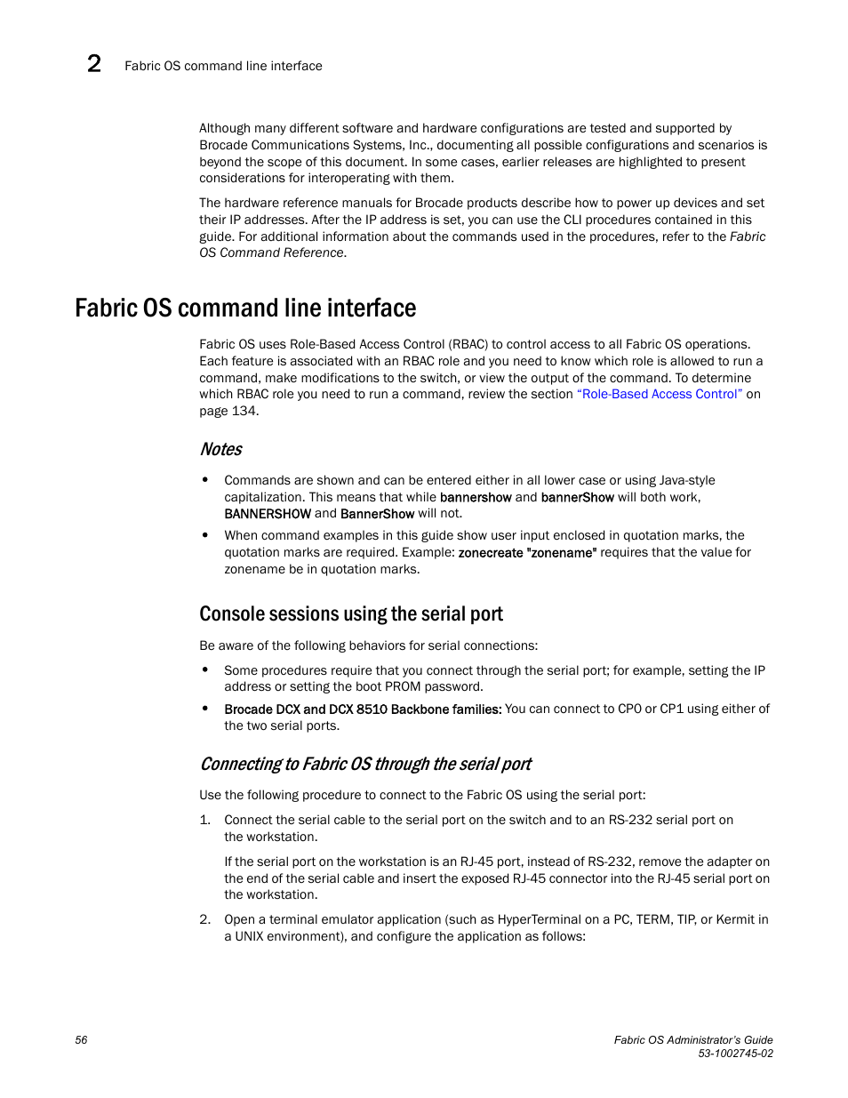 Fabric os command line interface, Notes, Console sessions using the serial port | Connecting to fabric os through the serial port | Dell POWEREDGE M1000E User Manual | Page 56 / 666