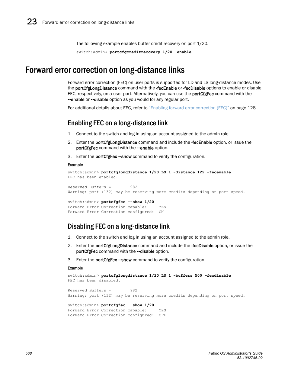 Forward error correction on long-distance links, Enabling fec on a long-distance link, Disabling fec on a long-distance link | Dell POWEREDGE M1000E User Manual | Page 568 / 666