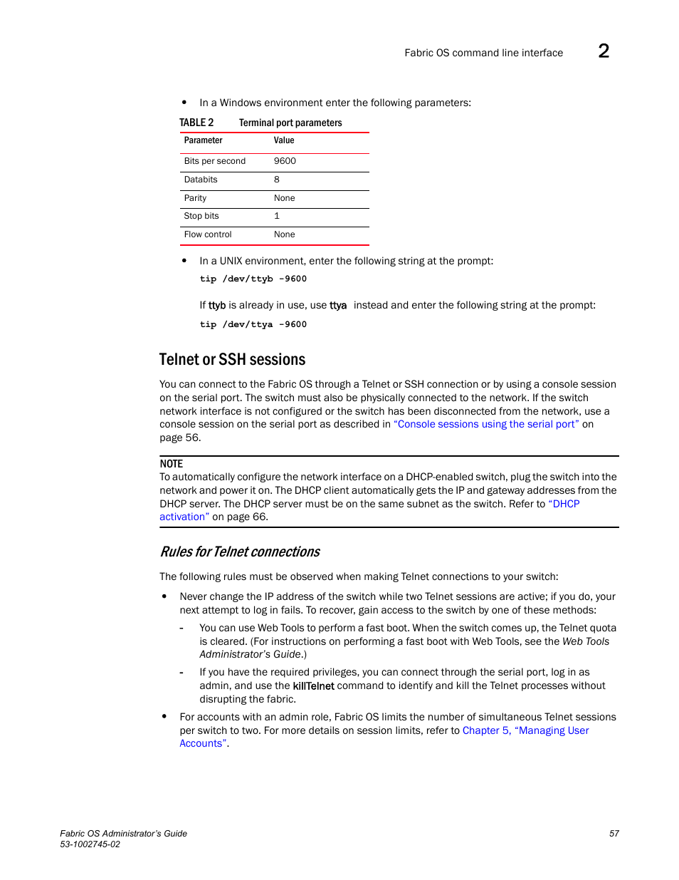 Telnet or ssh sessions, Rules for telnet connections, Table 2 | Dell POWEREDGE M1000E User Manual | Page 57 / 666