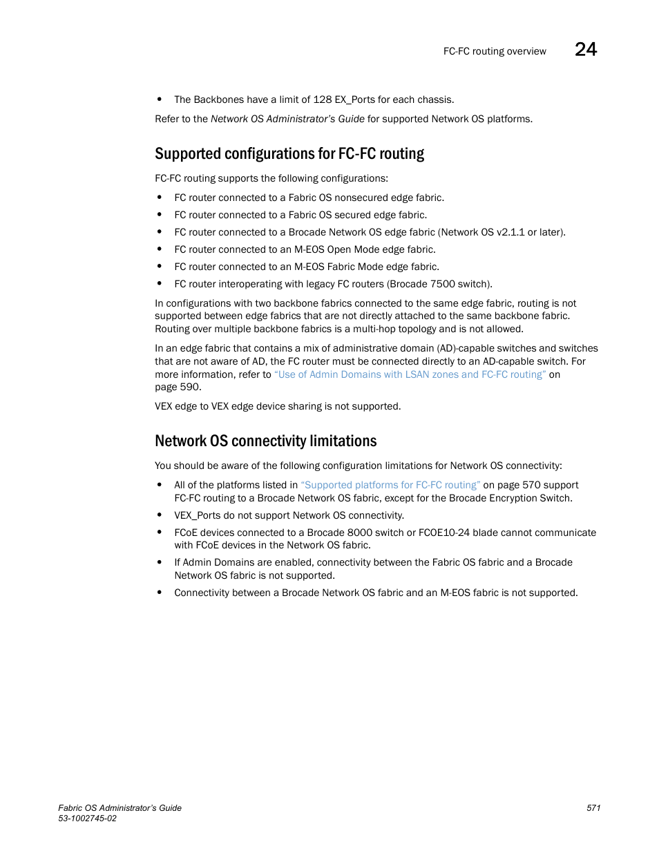 Supported configurations for fc-fc routing, Network os connectivity limitations | Dell POWEREDGE M1000E User Manual | Page 571 / 666