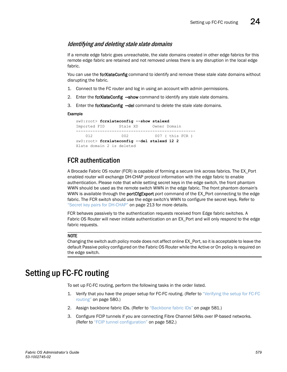 Identifying and deleting stale xlate domains, Fcr authentication, Setting up fc-fc routing | Dell POWEREDGE M1000E User Manual | Page 579 / 666