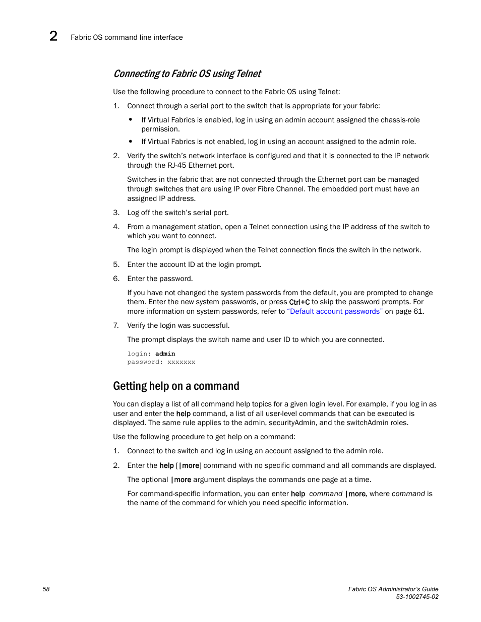 Connecting to fabric os using telnet, Getting help on a command | Dell POWEREDGE M1000E User Manual | Page 58 / 666