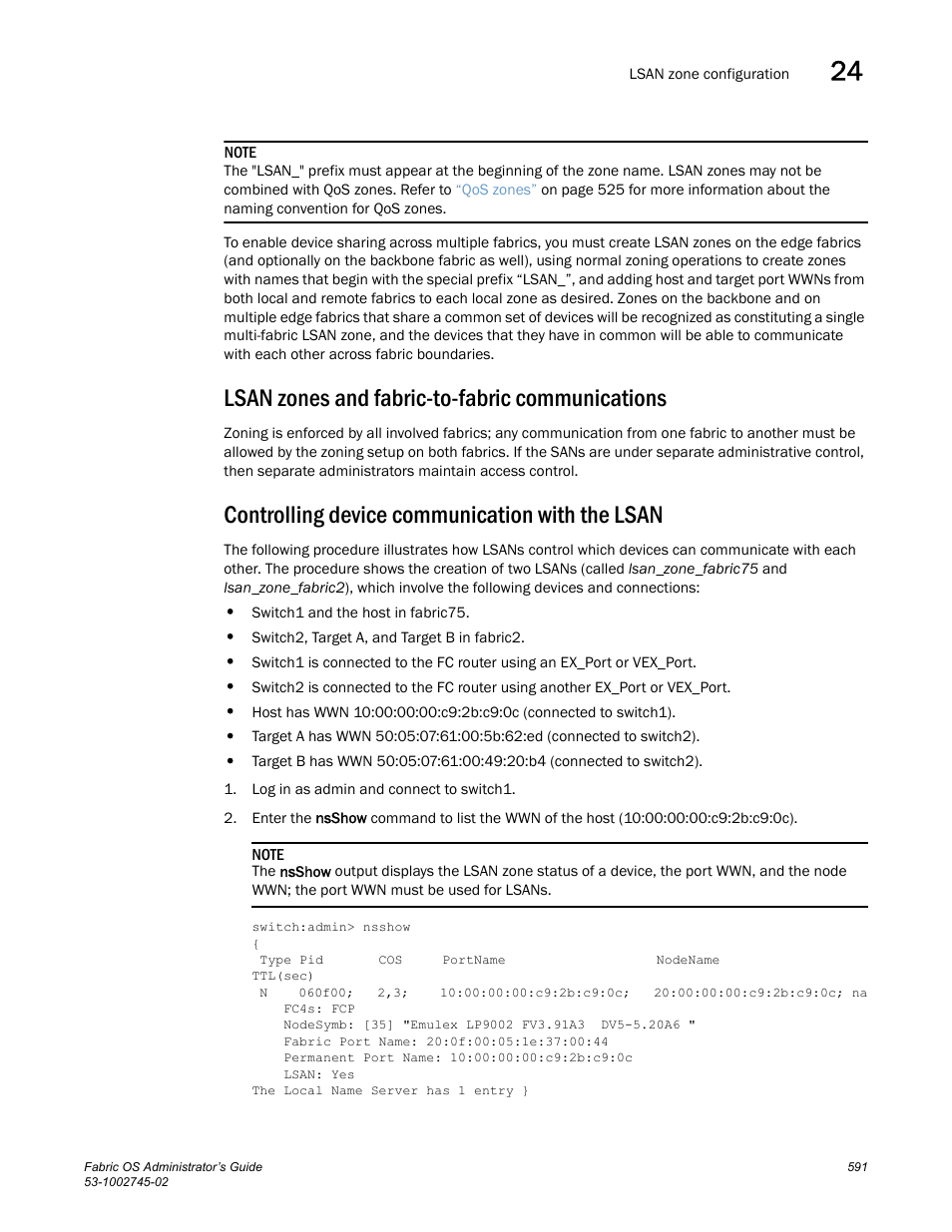 Lsan zones and fabric-to-fabric communications, Controlling device communication with the lsan | Dell POWEREDGE M1000E User Manual | Page 591 / 666