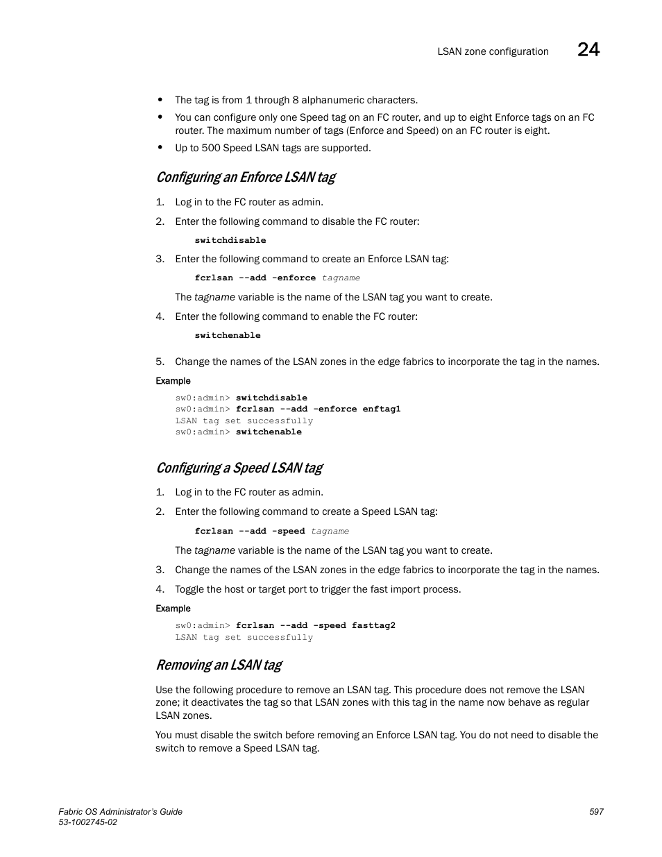 Configuring an enforce lsan tag, Configuring a speed lsan tag, Removing an lsan tag | Dell POWEREDGE M1000E User Manual | Page 597 / 666