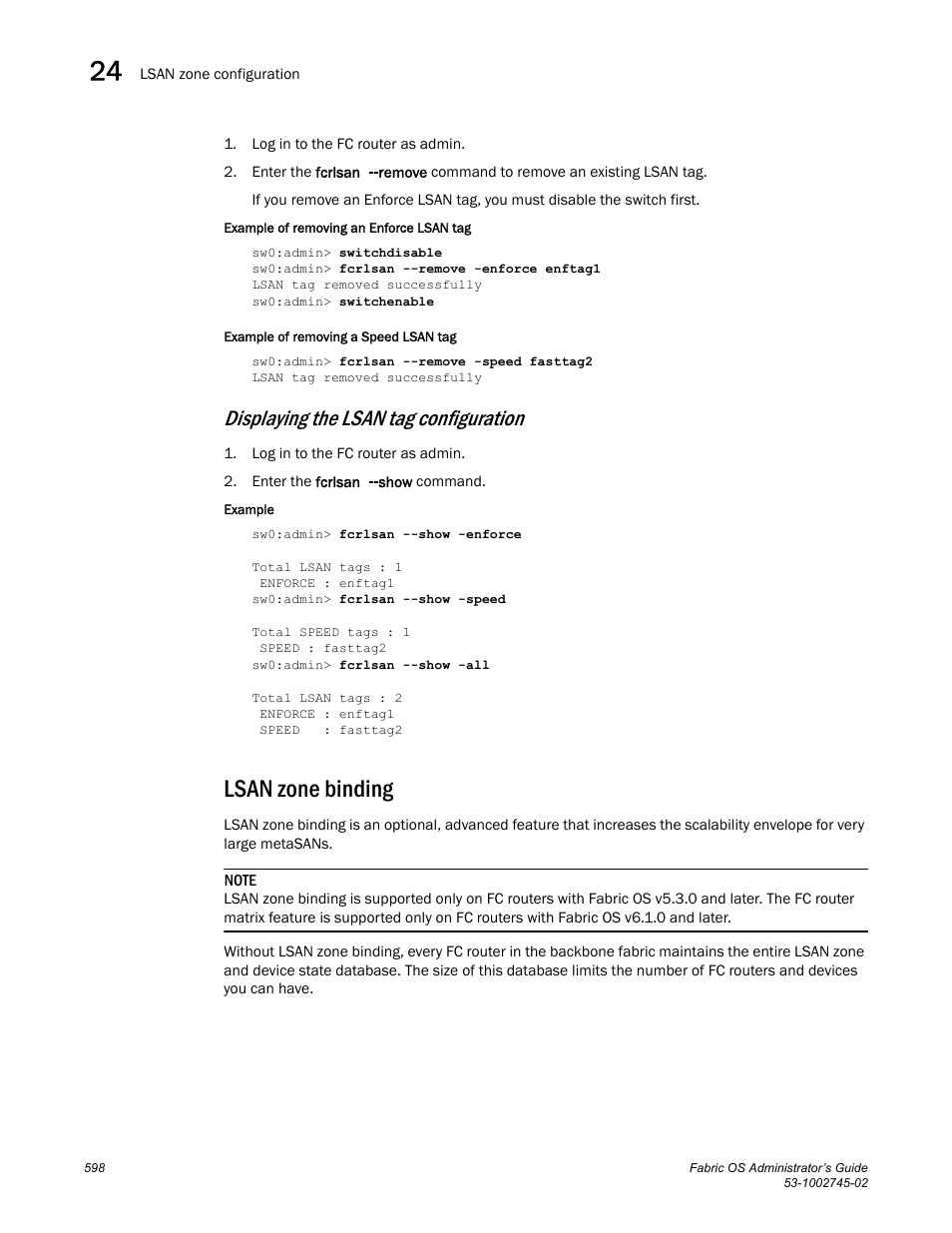 Displaying the lsan tag configuration, Lsan zone binding | Dell POWEREDGE M1000E User Manual | Page 598 / 666