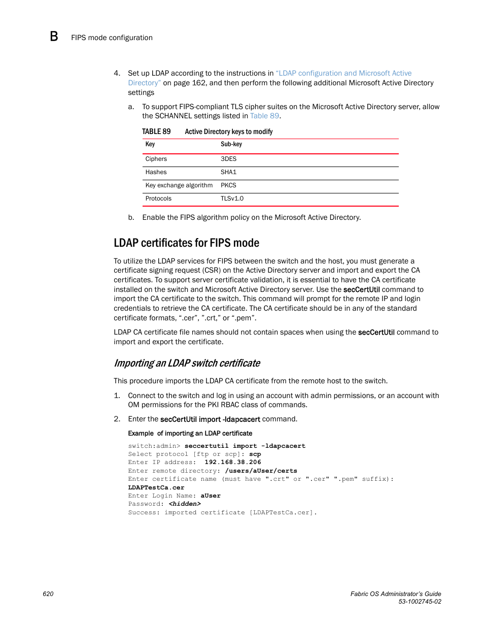 Ldap certificates for fips mode, Importing an ldap switch certificate, Table 89 | Dell POWEREDGE M1000E User Manual | Page 620 / 666
