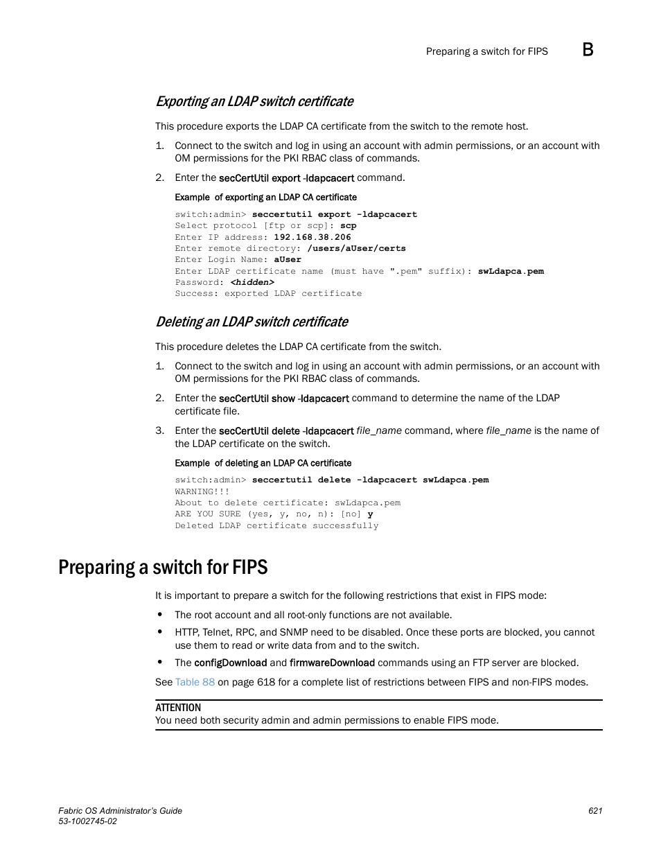Exporting an ldap switch certificate, Deleting an ldap switch certificate, Preparing a switch for fips | Dell POWEREDGE M1000E User Manual | Page 621 / 666