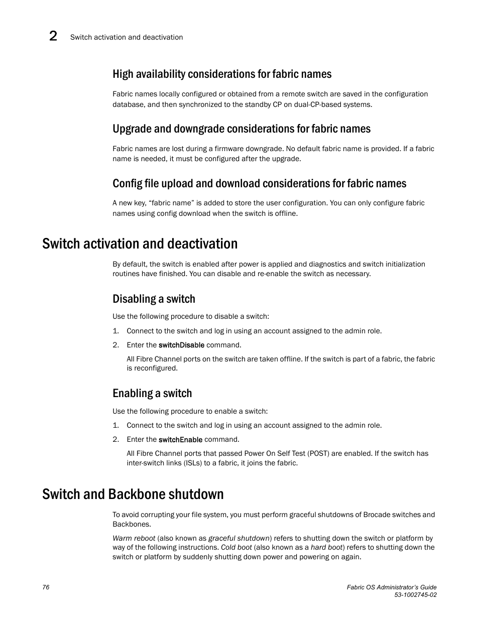 High availability considerations for fabric names, Switch activation and deactivation, Disabling a switch | Enabling a switch, Switch and backbone shutdown | Dell POWEREDGE M1000E User Manual | Page 76 / 666