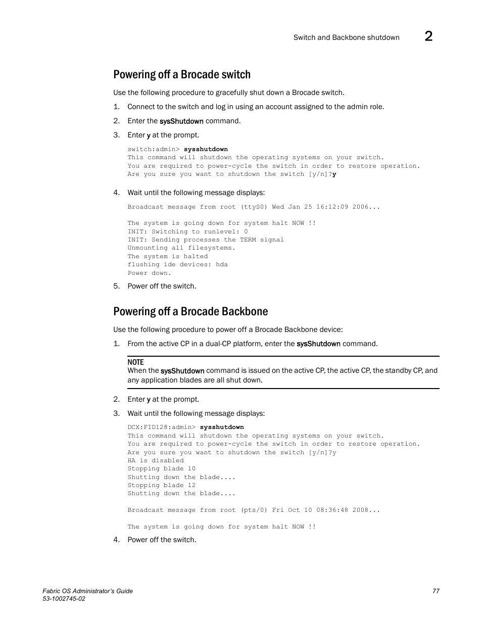 Powering off a brocade switch, Powering off a brocade backbone | Dell POWEREDGE M1000E User Manual | Page 77 / 666