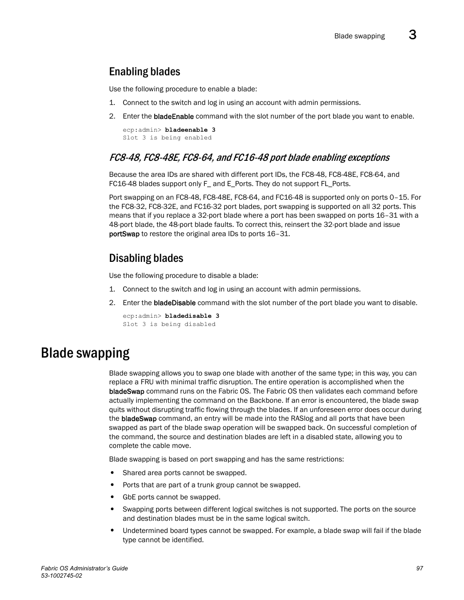Enabling blades, Disabling blades, Blade swapping | Dell POWEREDGE M1000E User Manual | Page 97 / 666