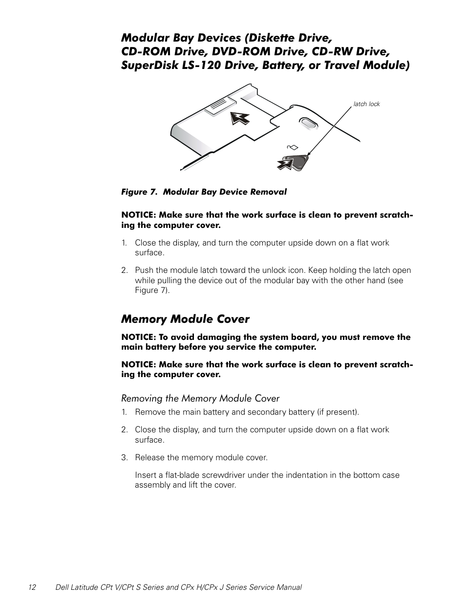 Modular bay devices, Memory module cover, 0hpru\0rgxoh&ryhu | Dell Latitude CPx H User Manual | Page 19 / 48