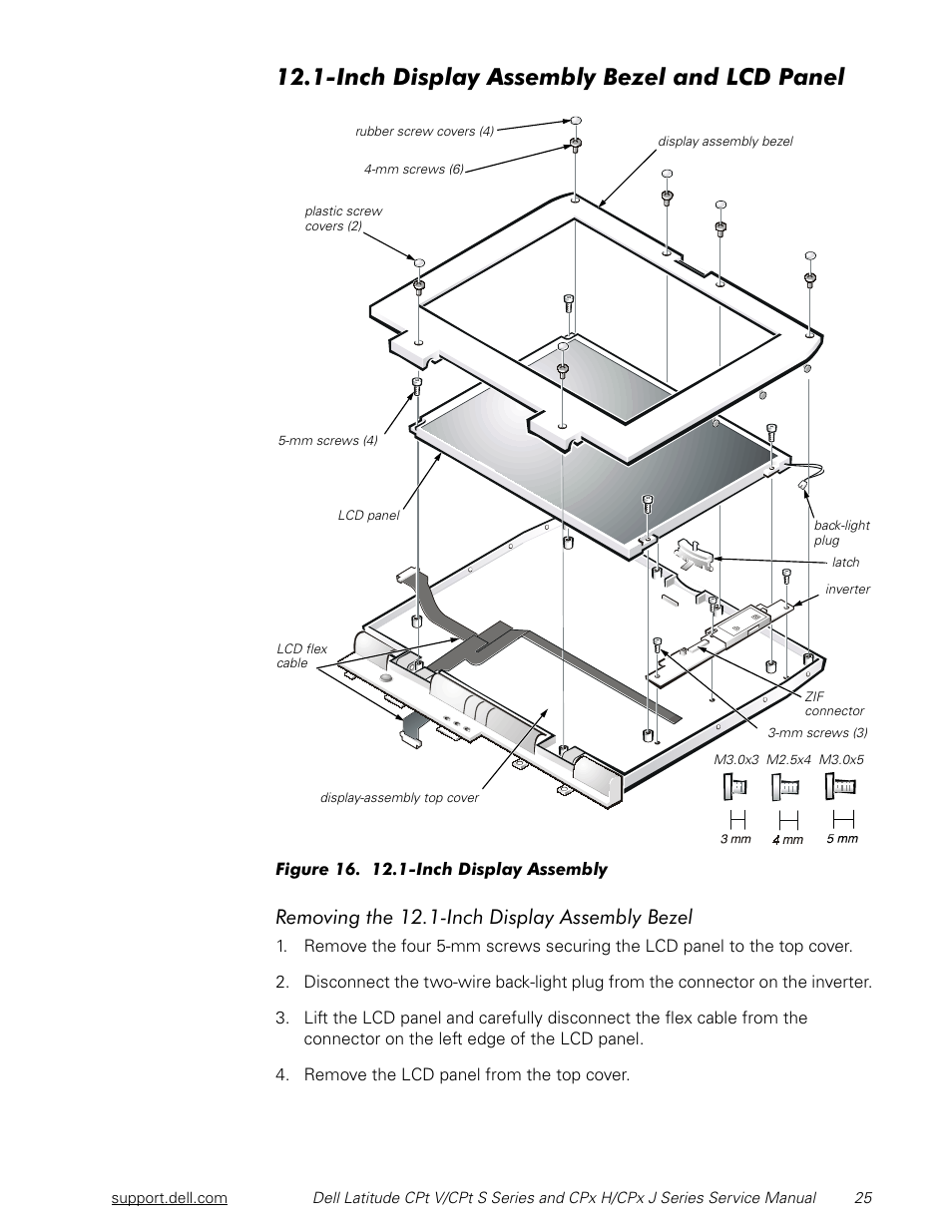 Inch display assembly bezel and lcd panel, Qfk'lvsod\$vvhpeo\%h]hodqg/&'3dqho, 5hprylqjwkh,qfk'lvsod\$vvhpeo\%h]ho | Dell Latitude CPx H User Manual | Page 32 / 48