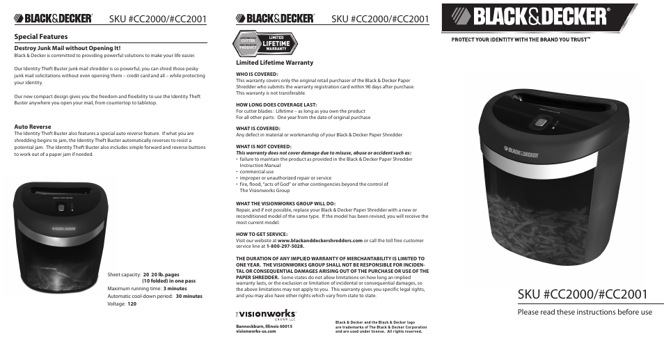 Black & Decker Paper Shredder CC2000 User Manual | 2 pages