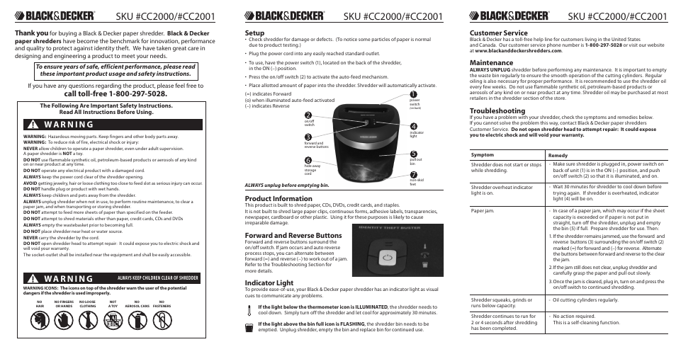 Please read these instructions before use, Customer service, Setup | Maintenance, Troubleshooting, Special features, Product information, Forward and reverse buttons, Indicator light, Lifetime | Black & Decker Paper Shredder CC2000 User Manual | Page 2 / 2