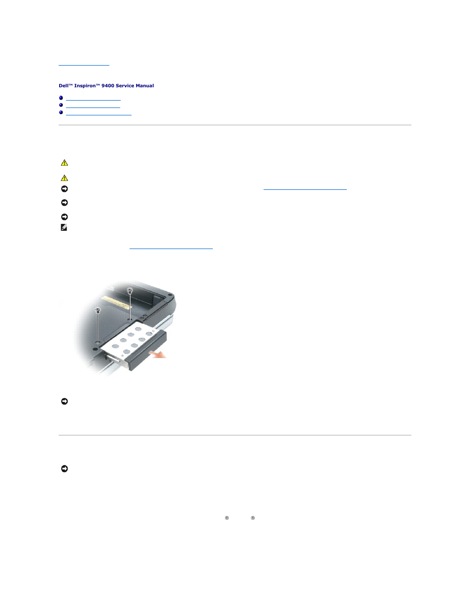 Hard drive, Removing the hard drive, Replacing the hard drive | Dell Inspiron 9400 User Manual | Page 31 / 56