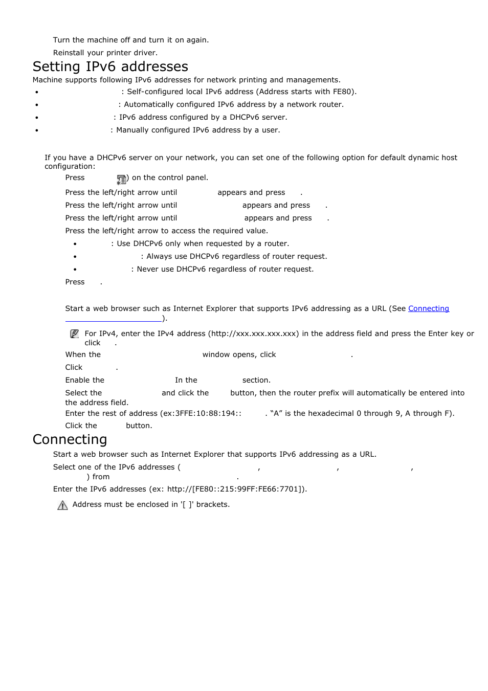 Setting ipv6 addresses, Connecting embedded web service, Dhcpv6 address configuration (stateful) | Manual address configuration | Dell 1135n Multifunction Mono Laser Printer User Manual | Page 104 / 138