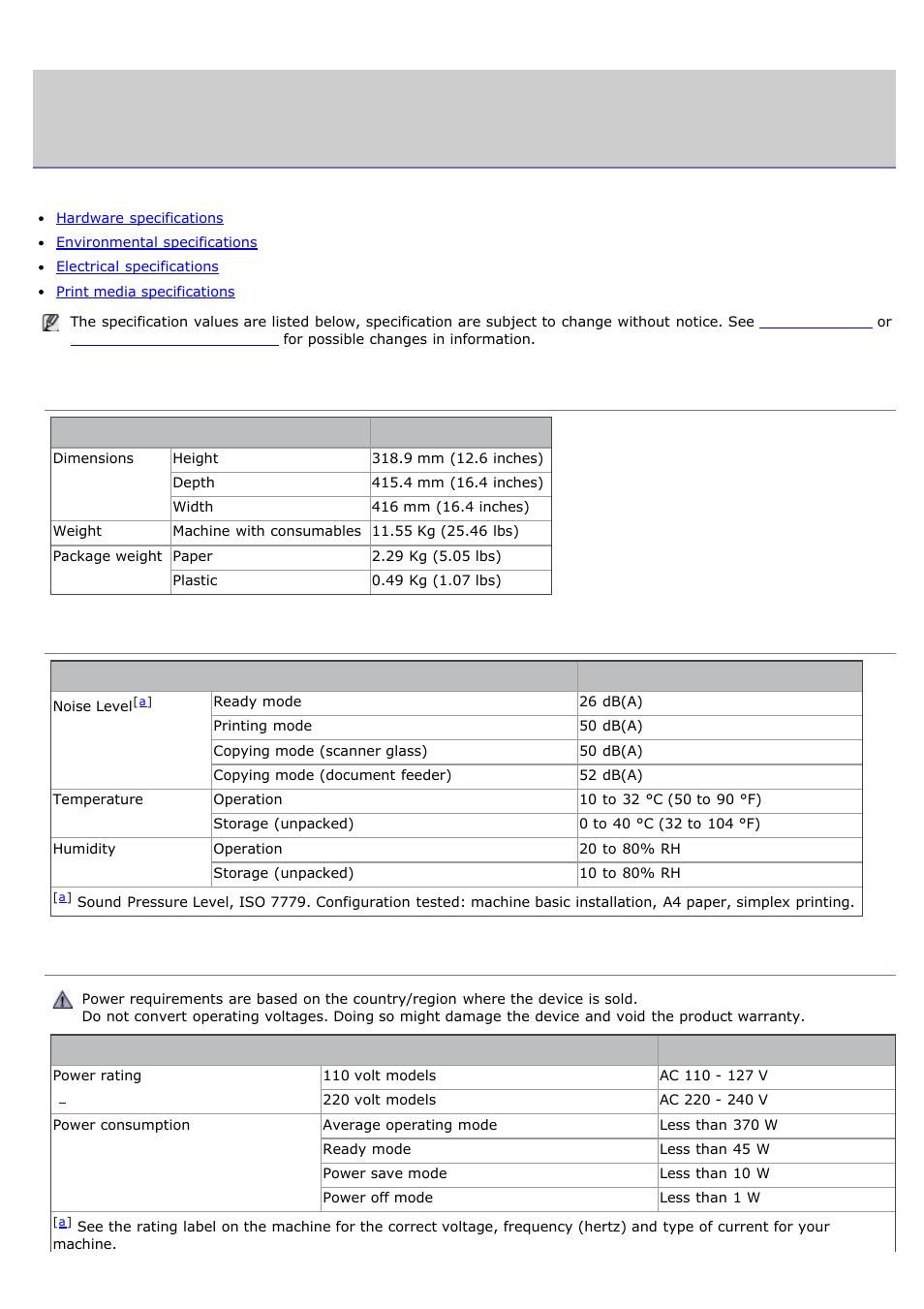 Specifications, Hardware specifications, Environmental specifications | Electrical specifications | Dell 1135n Multifunction Mono Laser Printer User Manual | Page 105 / 138