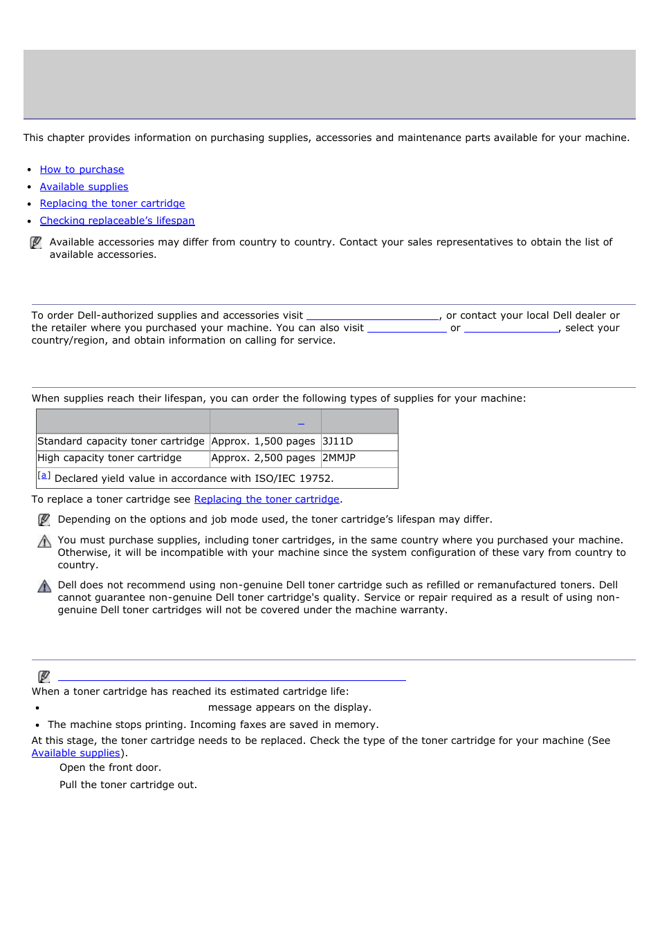 Supplies and accessories, Replacing the, Toner cartridge | How to purchase, Available supplies, Replacing the toner cartridge | Dell 1135n Multifunction Mono Laser Printer User Manual | Page 108 / 138