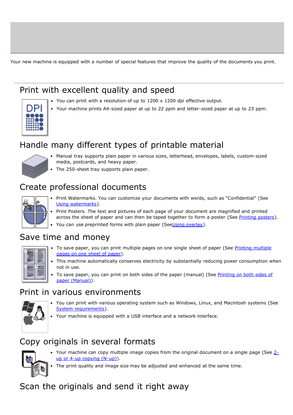 Features of your new product, Special features, Print with excellent quality and speed | Handle many different types of printable material, Create professional documents, Save time and money, Print in various environments, Copy originals in several formats, Scan the originals and send it right away | Dell 1135n Multifunction Mono Laser Printer User Manual | Page 12 / 138