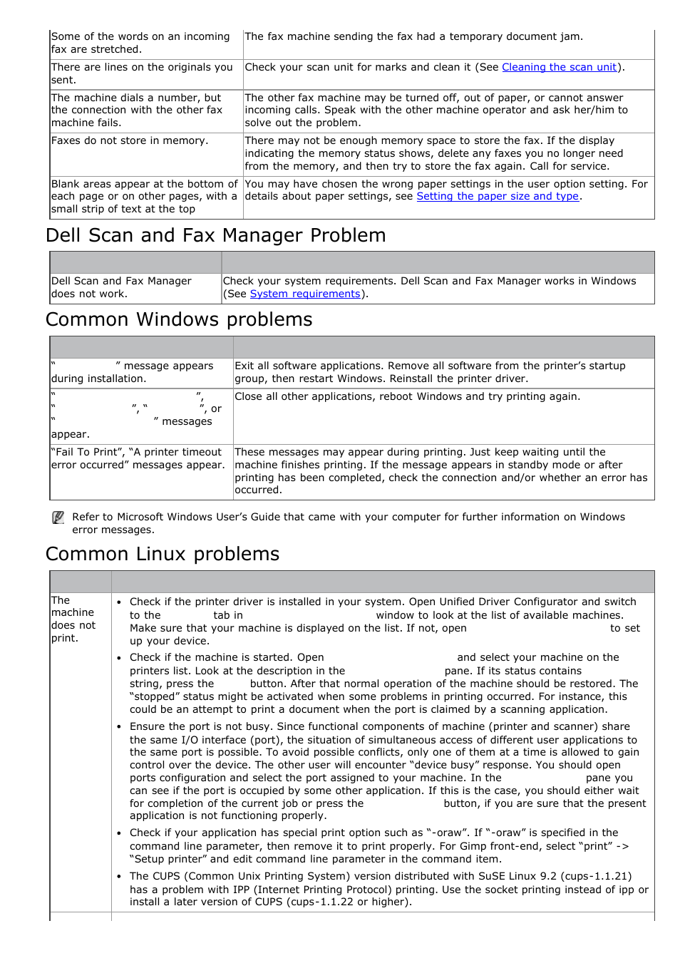 Dell scan and fax manager problem, Common windows problems, Common linux problems | Dell 1135n Multifunction Mono Laser Printer User Manual | Page 127 / 138