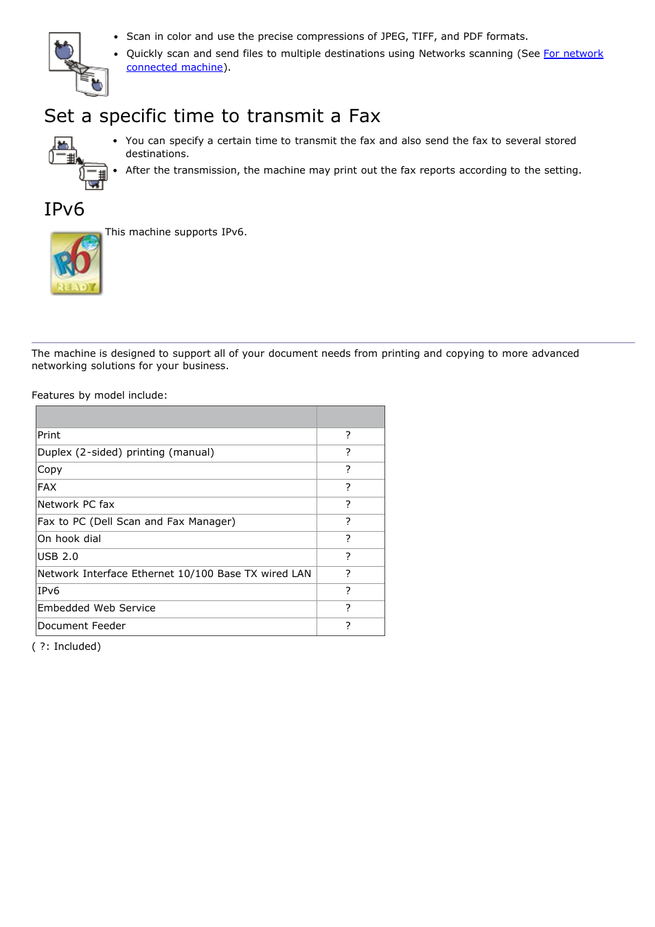Features by model, Set a specific time to transmit a fax, Ipv6 | Dell 1135n Multifunction Mono Laser Printer User Manual | Page 13 / 138