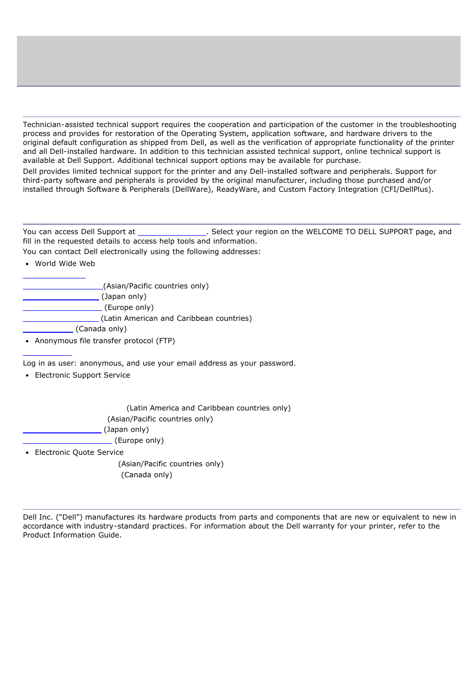 Appendix, Contacting dell, Dell technical support policy | Warranty and return policy | Dell 1135n Multifunction Mono Laser Printer User Manual | Page 130 / 138