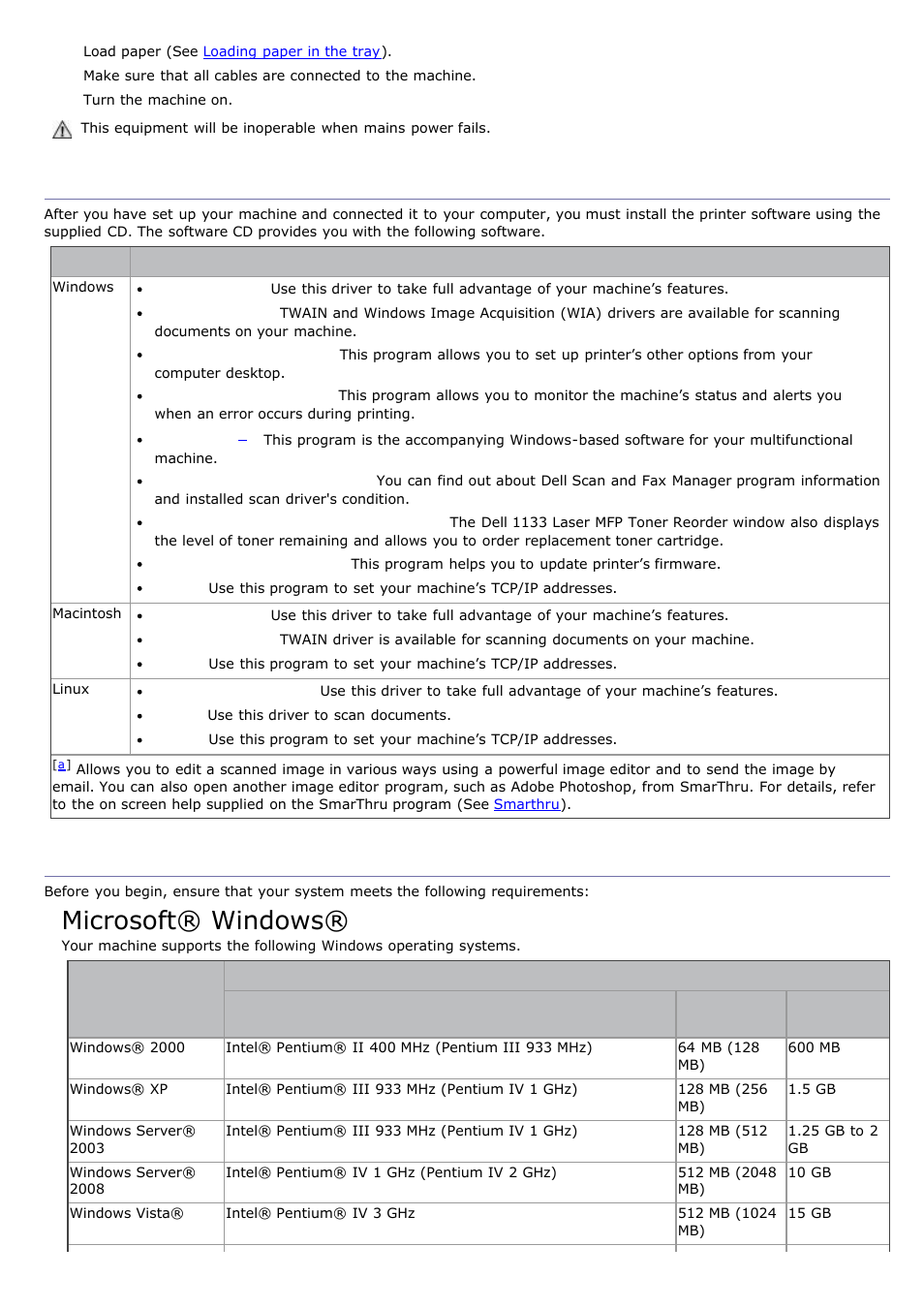 System requirements, Supplied software system requirements, Supplied software | Microsoft® windows | Dell 1135n Multifunction Mono Laser Printer User Manual | Page 15 / 138