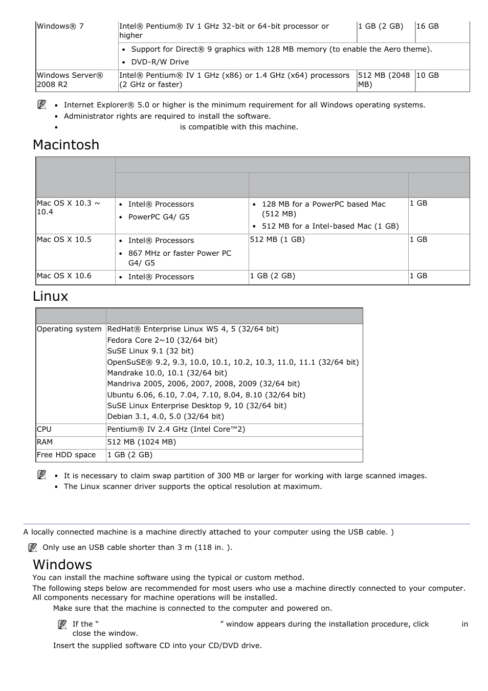 Installing usb connected machine’s driver, Macintosh, Linux | Windows | Dell 1135n Multifunction Mono Laser Printer User Manual | Page 16 / 138