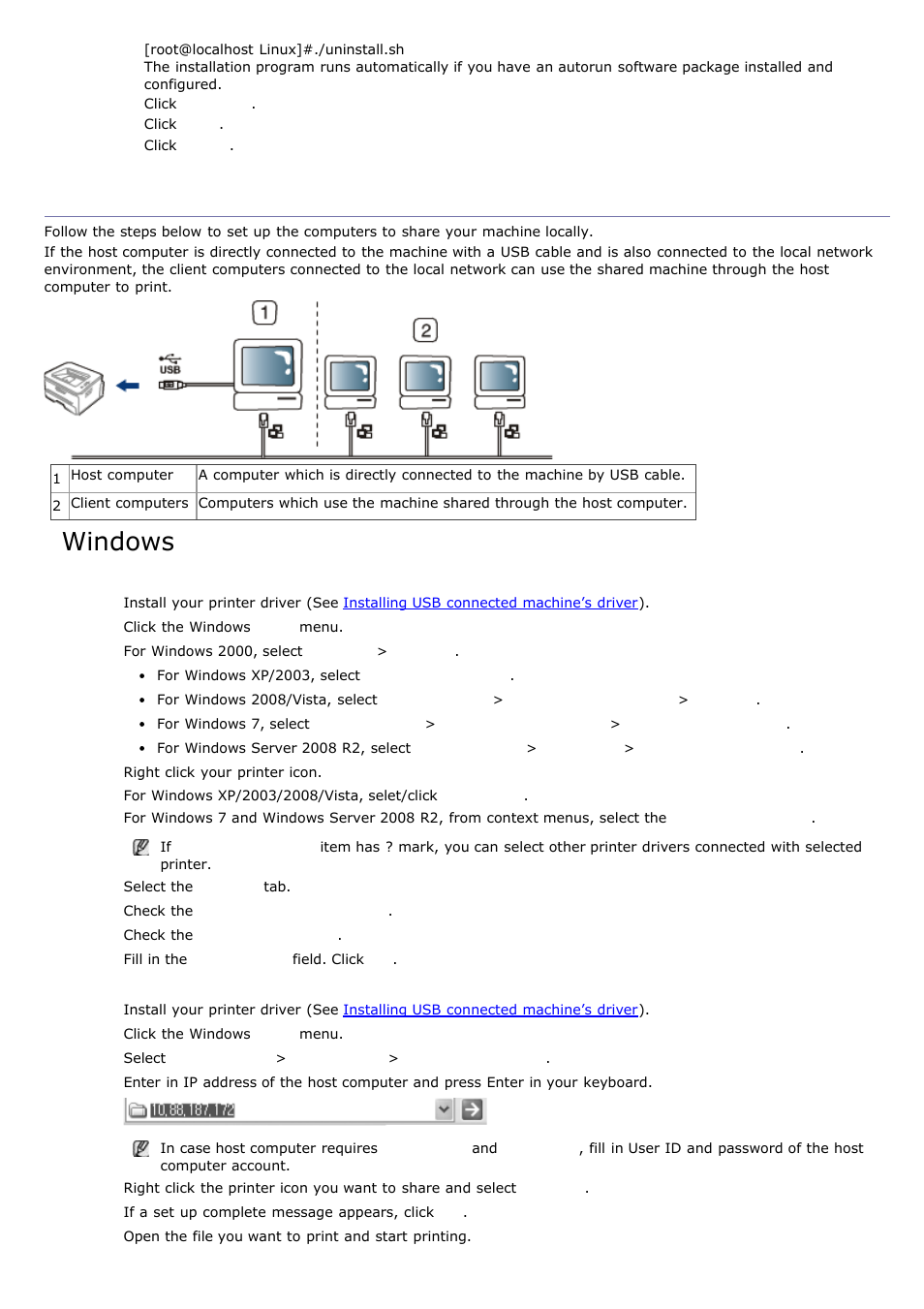 Sharing your machine locally, Windows, Setting up a host computer | Setting up a client computer | Dell 1135n Multifunction Mono Laser Printer User Manual | Page 21 / 138