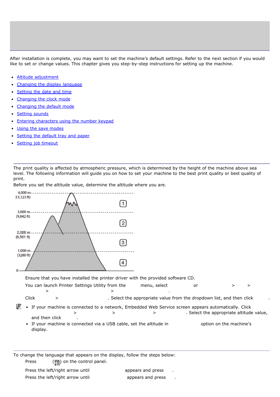 Basic setup, Altitude adjustment, Changing the display language | Dell 1135n Multifunction Mono Laser Printer User Manual | Page 23 / 138