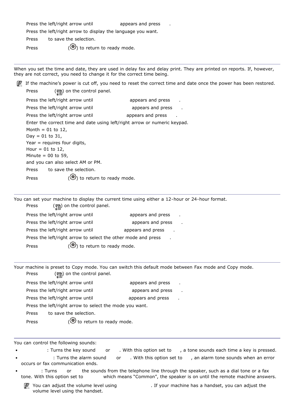 Setting the date and time, Changing the clock mode, Changing the default mode | Setting sounds | Dell 1135n Multifunction Mono Laser Printer User Manual | Page 24 / 138